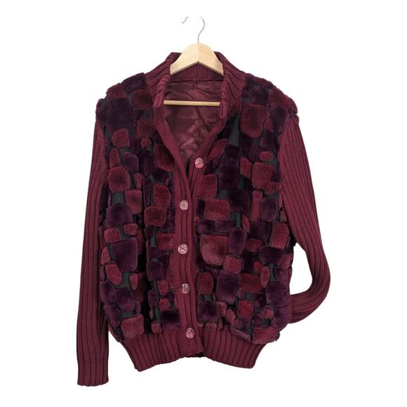 Vintage 90s Cardigan Sweater Wool Blend Faux Fur Italy Avant Garde Maroon Red - Picture 1 of 14